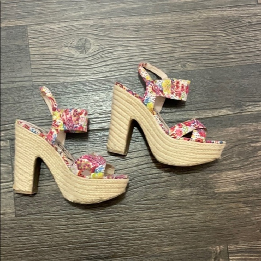 Rebels platform espadrilles floral stretch straps sling back chunky heel size 9